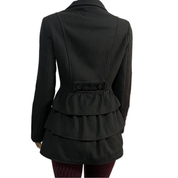 2B by Bebe Long Sleeve Tiered Coat Peacoat with Ruffles Black Small NWT - Picture 7 of 10